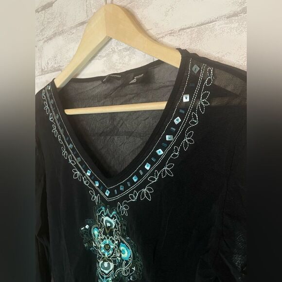 New York & Company Black Mesh Turquoise VTG Y2K Blouse - Picture 5 of 7